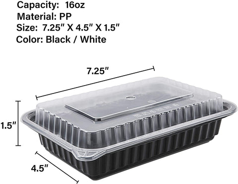 50 Count] 16 oz Black Plastic Meal Prep Containers with Lids